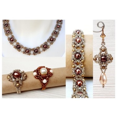 Beading Tutorial for Necklace, Bracelet, Earrings and Ring, DIY Pearl Beads Jewelry, "Majestic" PDF Beadwork Pattern