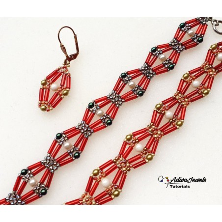 Jewelry Tutorial with Bugle Beads, DIY Beaded Bracelet and Earrings, "Aida" PDF Beadwork Pattern